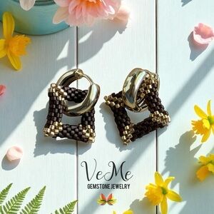 Gold and Brown Beaded Earrings